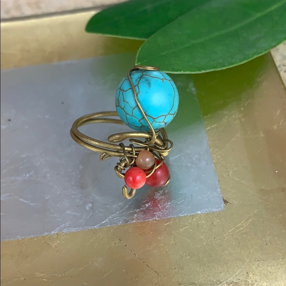 Turquoise & Red Coral Wire Wrapped Ring